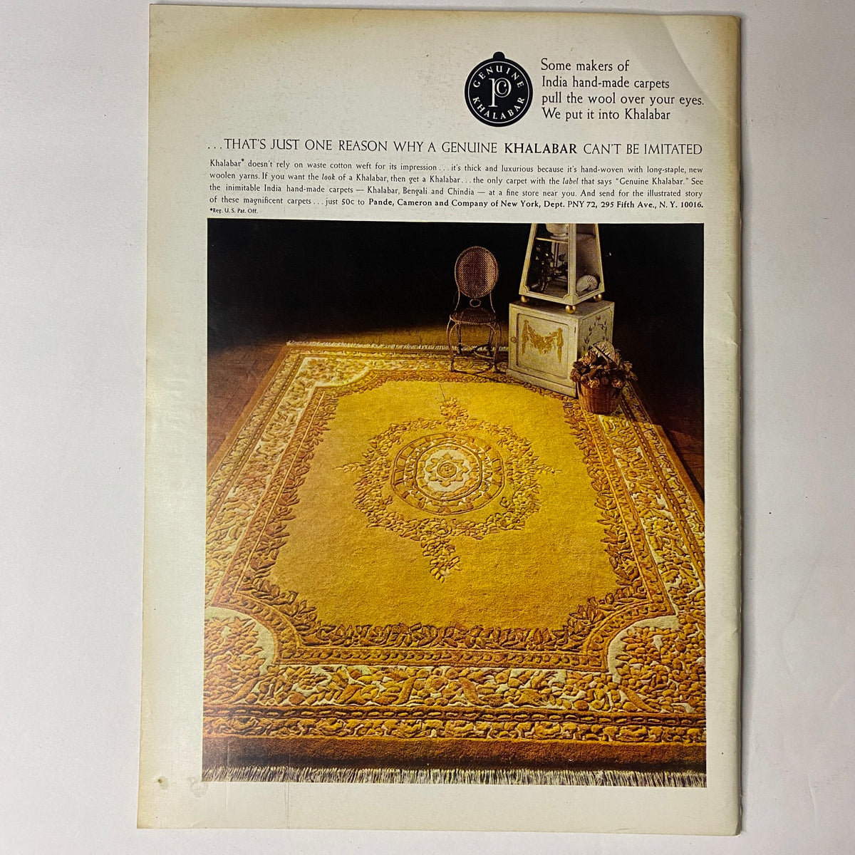 Advertisement in The New Yorker magazine, July 1, 1972, showcasing a Khalabar carpet with a decorative design, emphasizing the authenticity and craftsmanship of Indian handmade carpets.