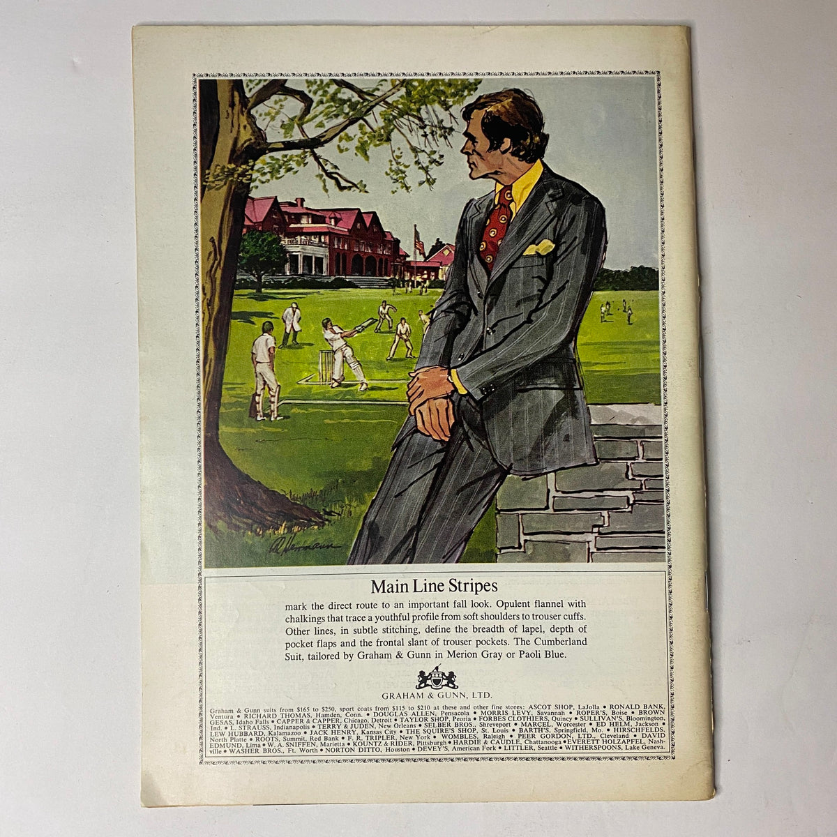 Back cover of The New Yorker Full Magazine September 3, 1973, featuring a stylish advertisement for Main Line Stripes, showcasing a well-dressed man and a cricket scene.