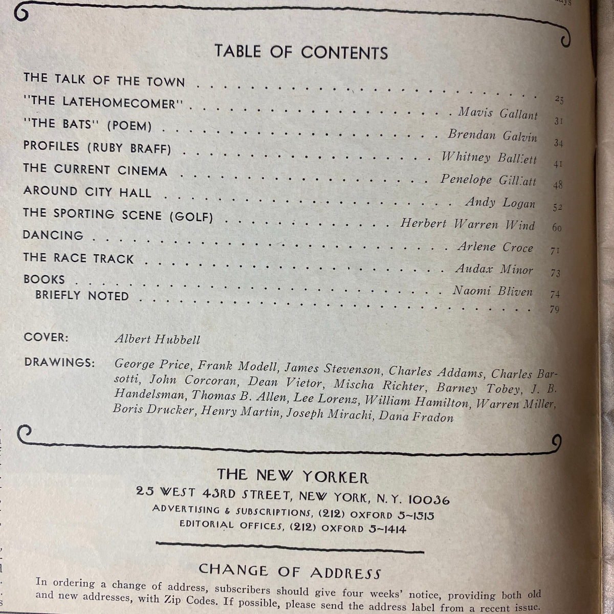 Table of Contents from The New Yorker Full Magazine July 8, 1974, including contributions by Mavis Gallant and Penelope Gilliatt, showcasing the magazine's literary and cultural commentary.
