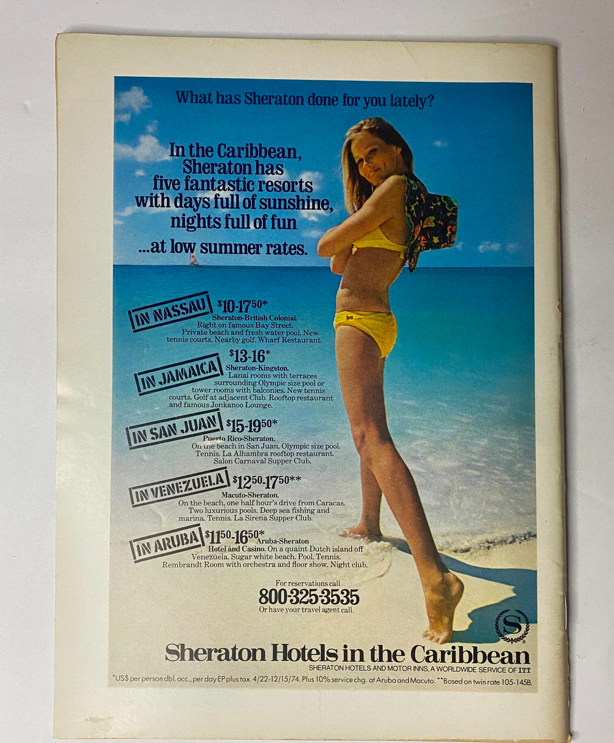 Advertisement for Sheraton Hotels from The New Yorker Full Magazine July 8, 1974, featuring a model in a bikini promoting Caribbean vacations with playful summer vibes.