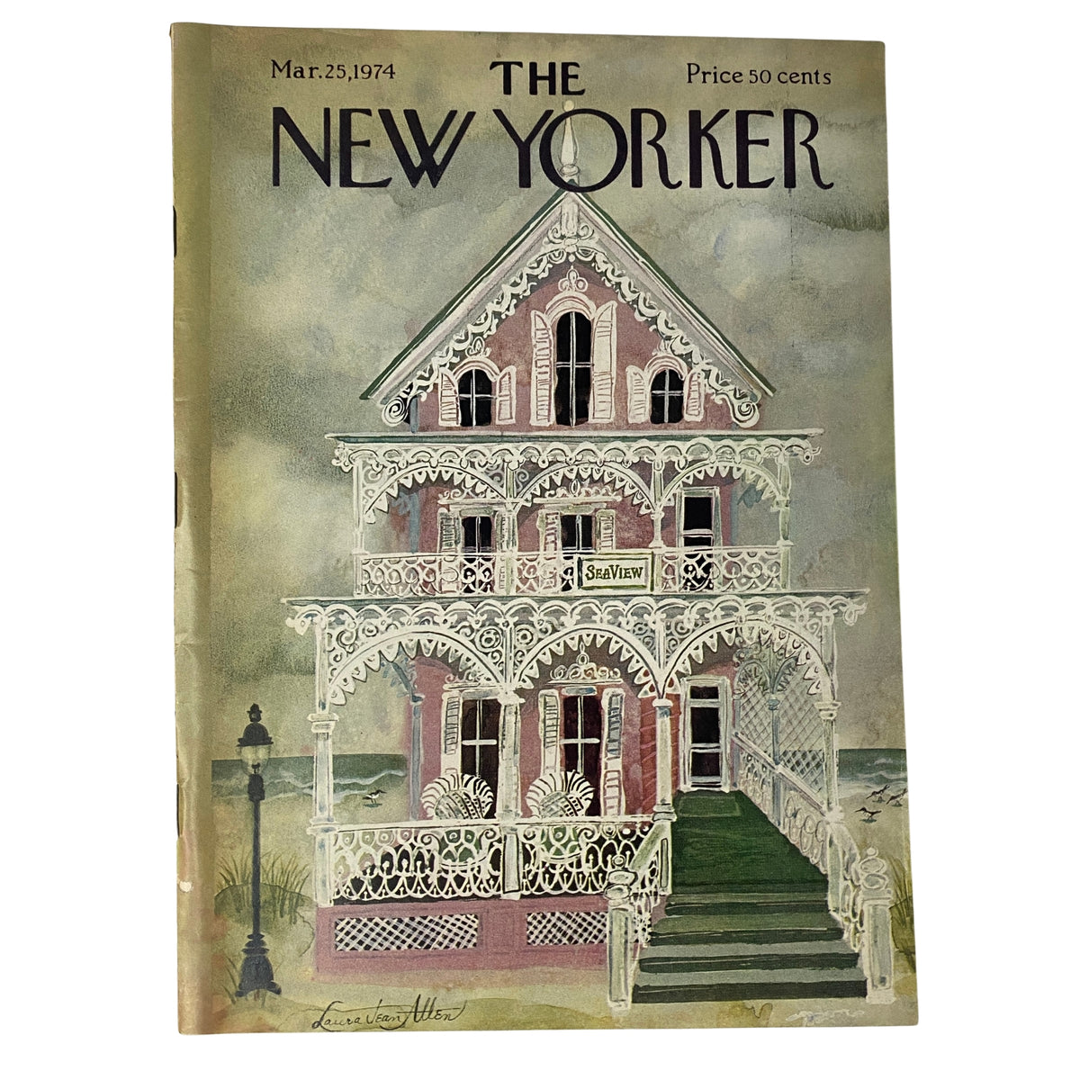 The New Yorker Full Magazine March 25, 1974 featuring a Laura Jean Allen cover illustration of a charming Victorian-style house, capturing the serene coastal atmosphere.