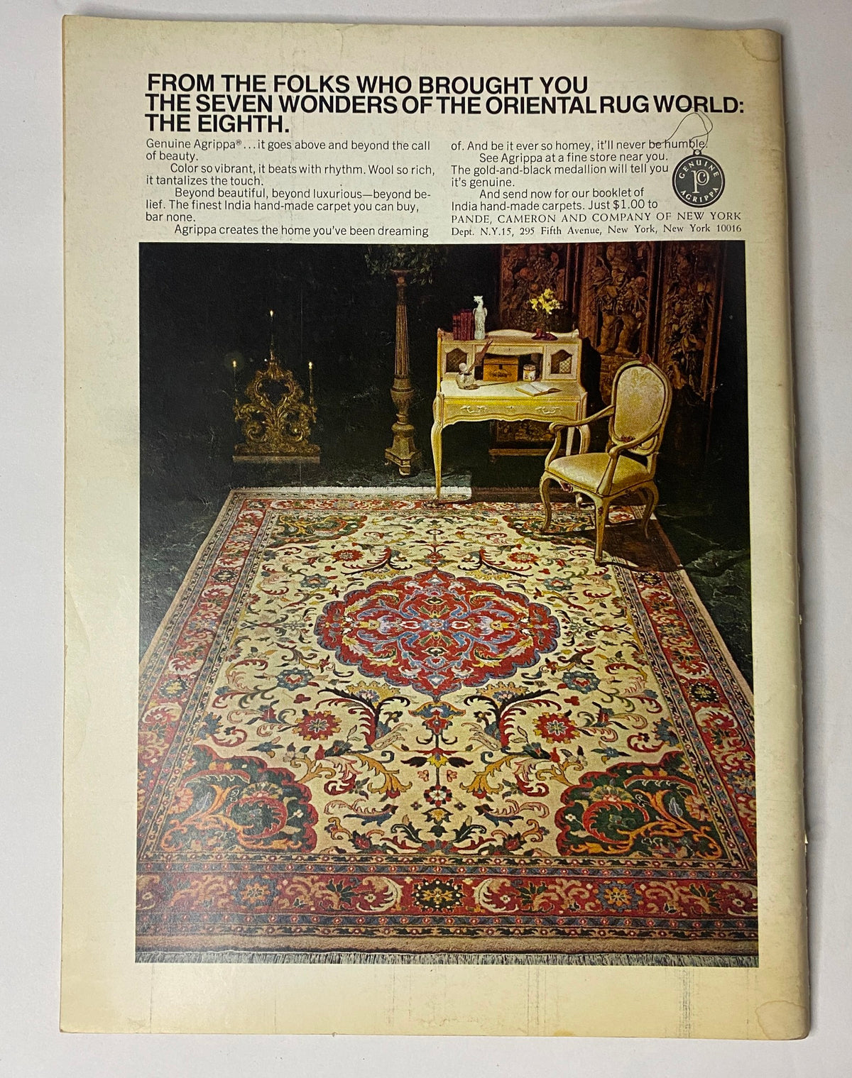 Advertisment page from The New Yorker Full Magazine January 13, 1975, showcasing a luxurious rug with a decorative chair, promoting the Oriental rug world.