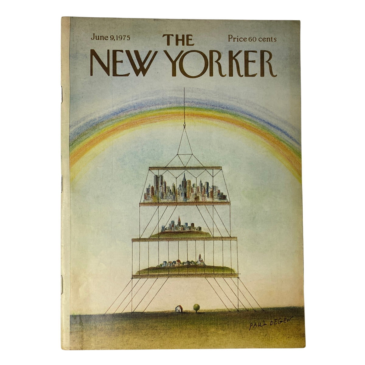The New Yorker Full Magazine June 9, 1975 featuring a colorful cover illustration by Paul Degen, depicting a layered cityscape with a rainbow backdrop, in very good condition.