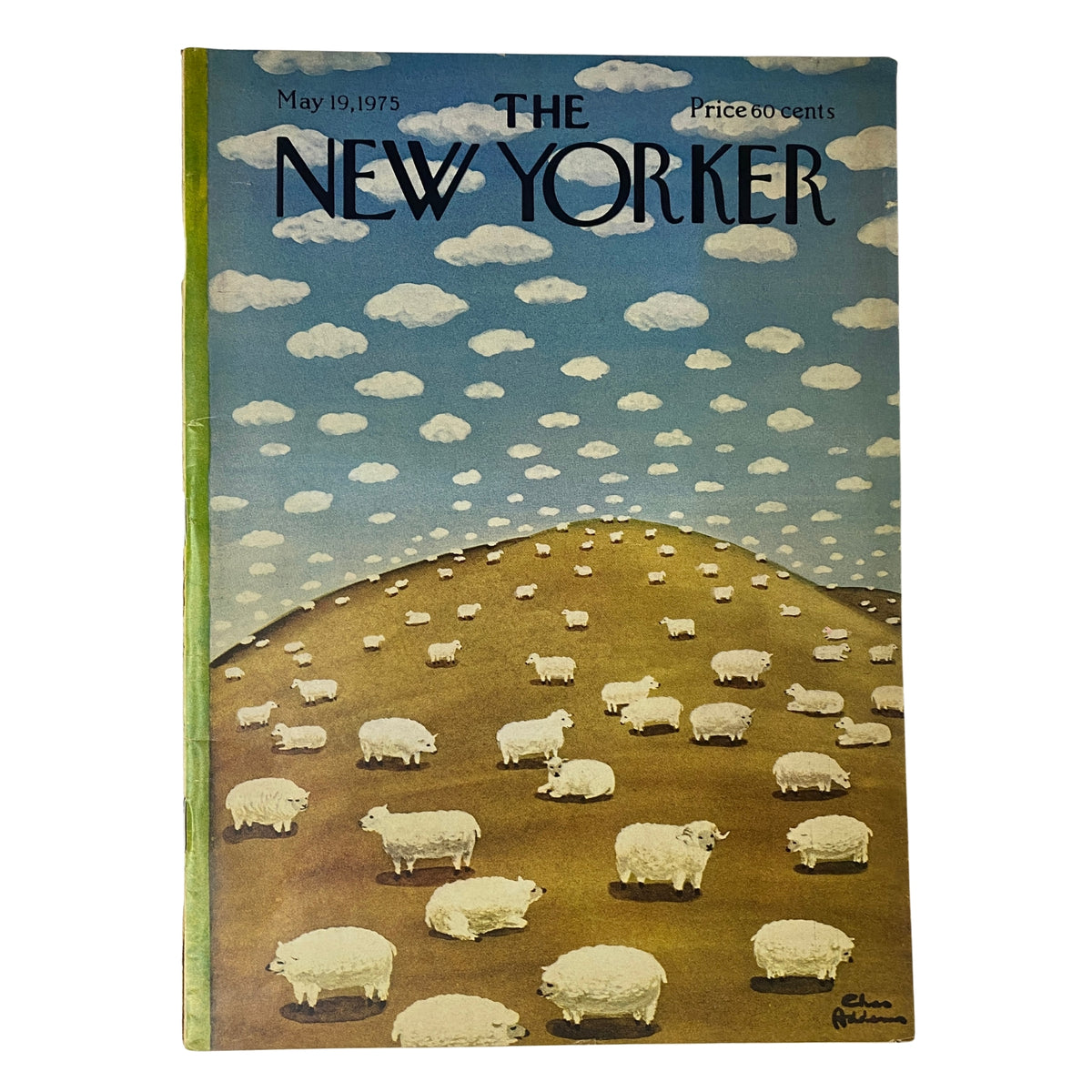 The New Yorker Full Magazine May 19, 1975 featuring a cover illustration by Charles Addams depicting a whimsical scene of sheep on a grassy hill under a blue sky with clouds.