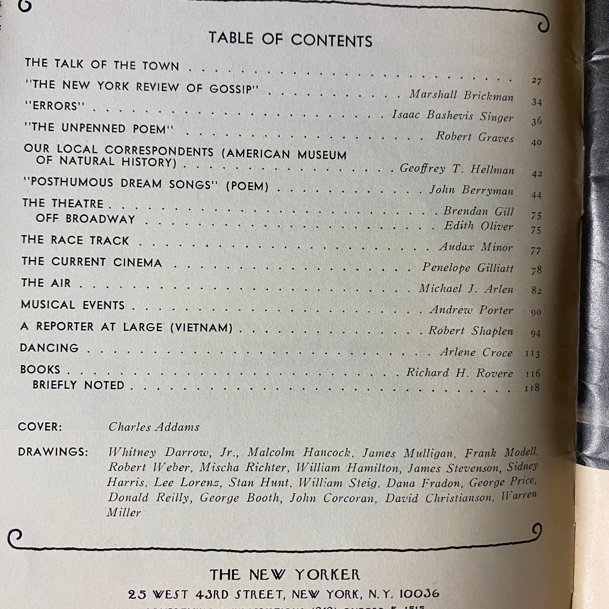 Table of Contents from The New Yorker Full Magazine May 19, 1975 detailing featured articles and contributors including Charles Addams, Isaac Bashevis Singer, and Robert Graves.