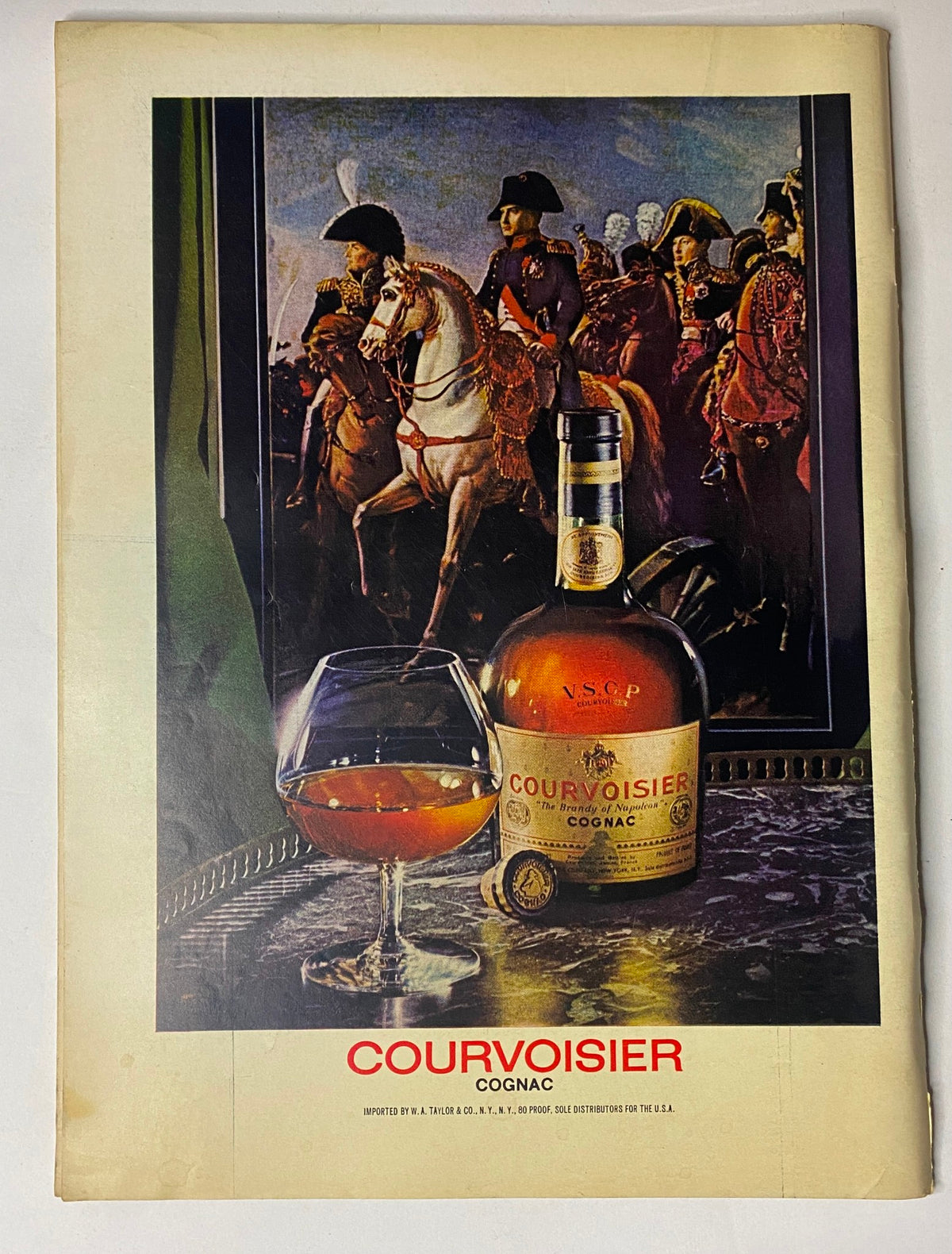 Advert for Courvoisier Cognac featured in The New Yorker Full Magazine May 19, 1975, showcasing an artistic depiction of a bottle of cognac and a glass in front of historical scenes.