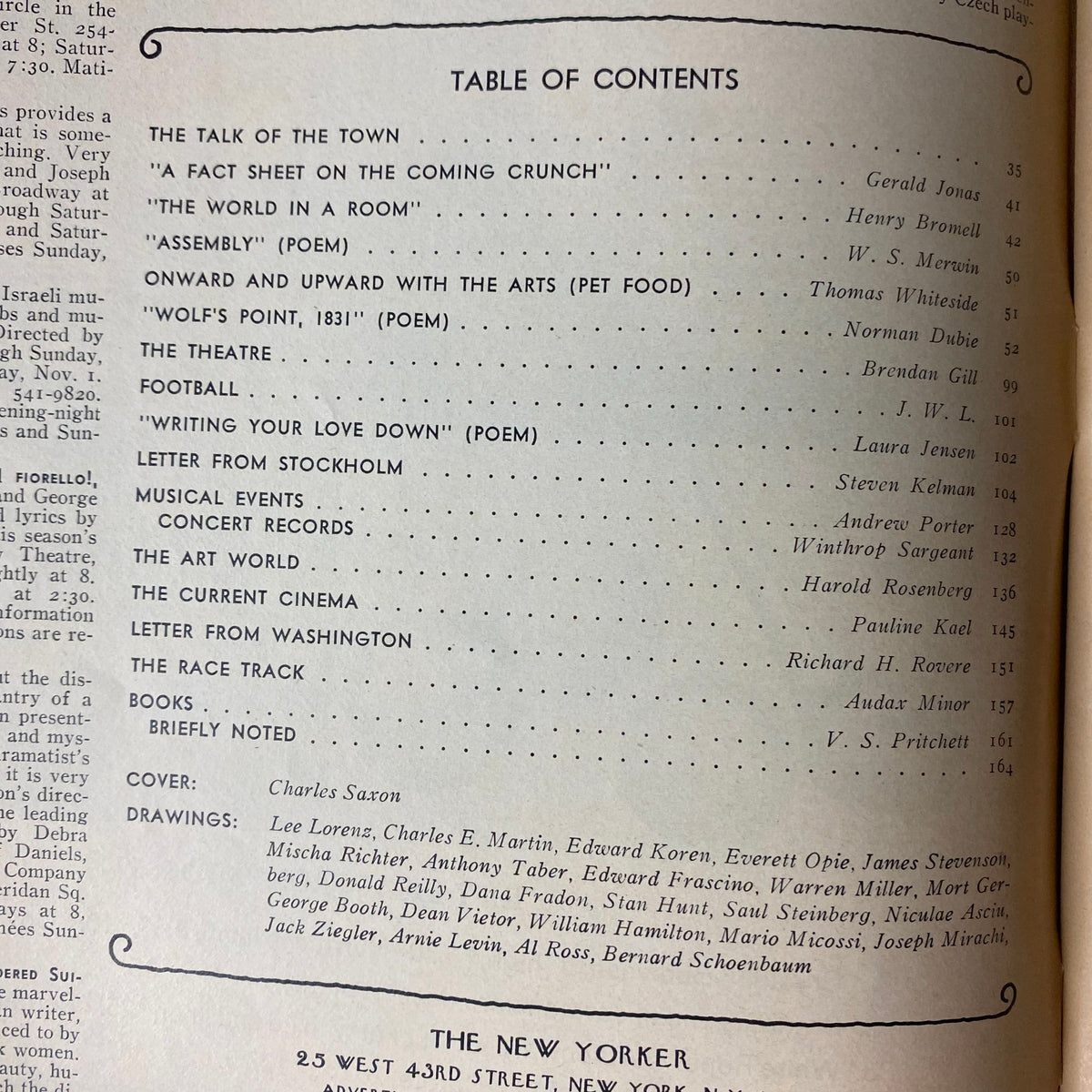 Table of Contents from The New Yorker magazine, November 1, 1976, detailing featured articles and contributions including works by Gerald Jonas, W. S. Merwin, and Pauline Kael.