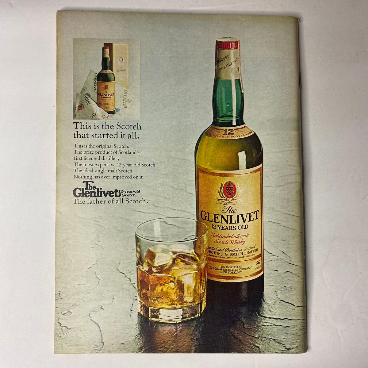 Vintage advertisement for The Glenlivet 12 Year Old Scotch Whisky, showcasing a bottle and glass with Scotch, highlighting its status as the original Scotch that started it all. Part of The New Yorker Full Magazine November 1, 1976 Charles Saxon Cover VG.