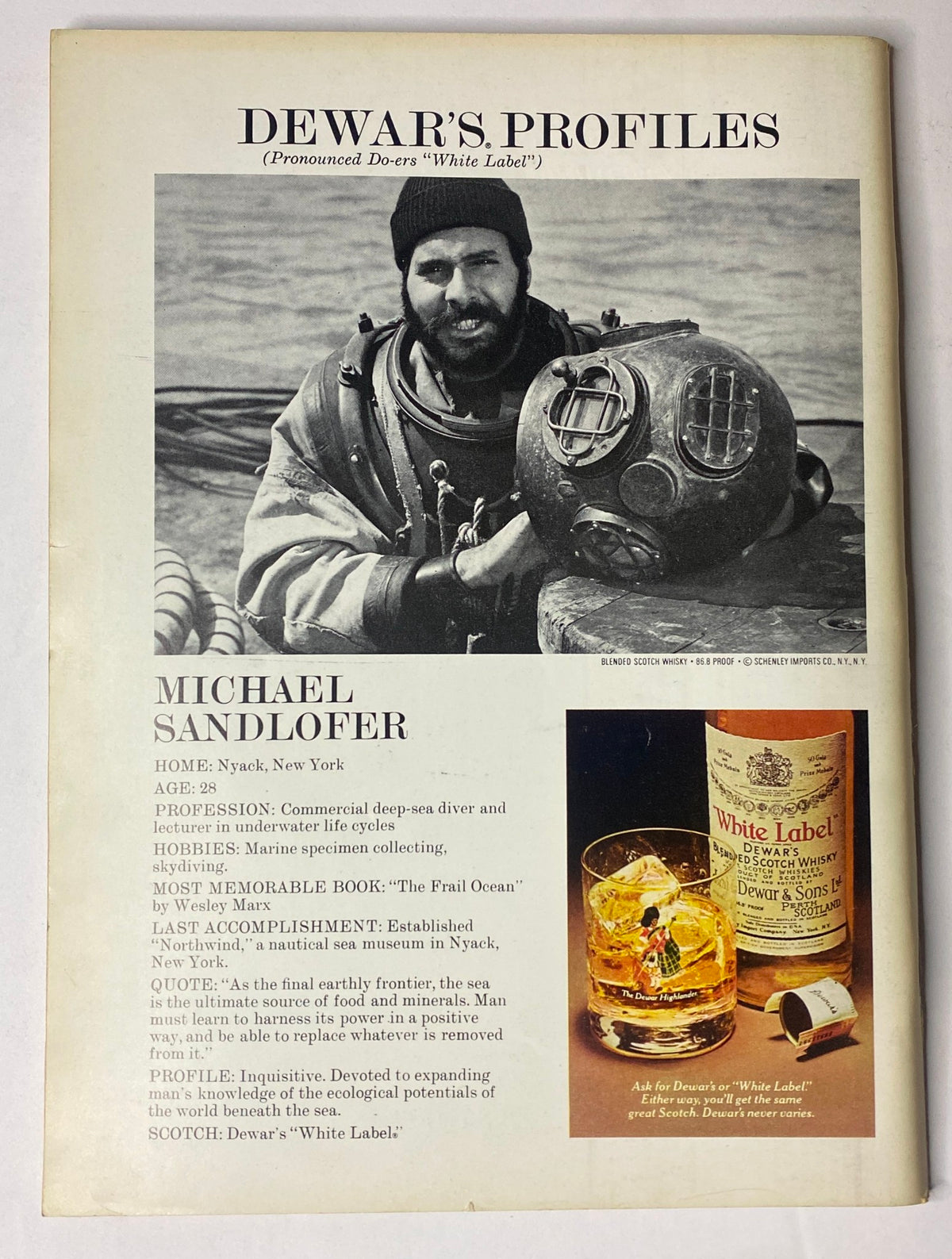 Profile page from The New Yorker magazine, November 8, 1976, highlighting Dewar’s Profiles featuring Michael Sandlofer, deep-sea diver and aquaculture enthusiast.