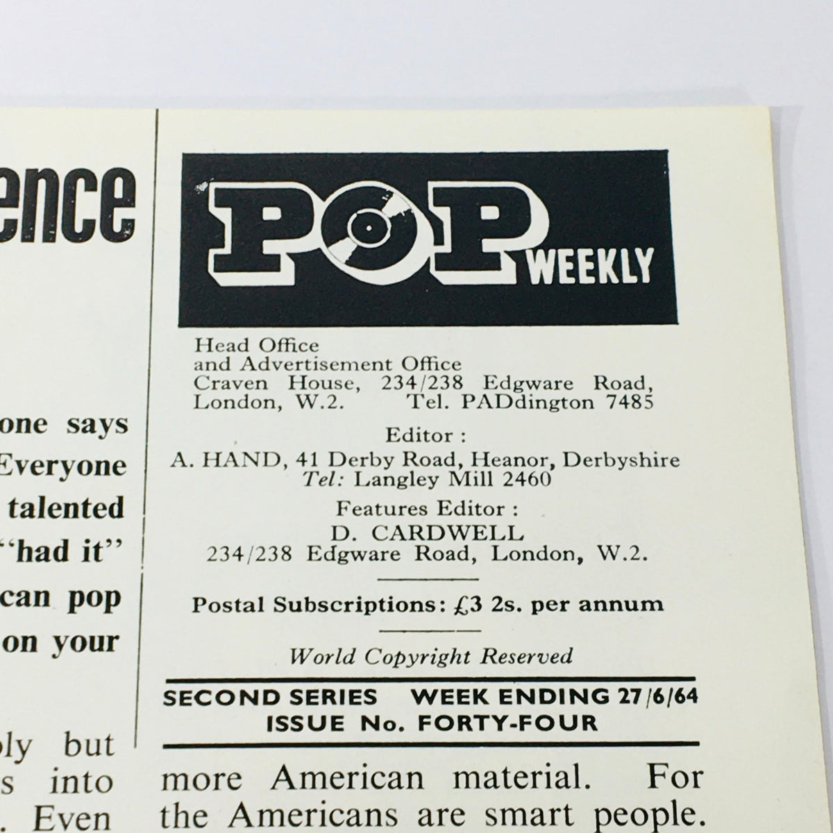 Back cover of VTG Pop Weekly Magazine June 1964 #44 displaying publication details and advertisement information.