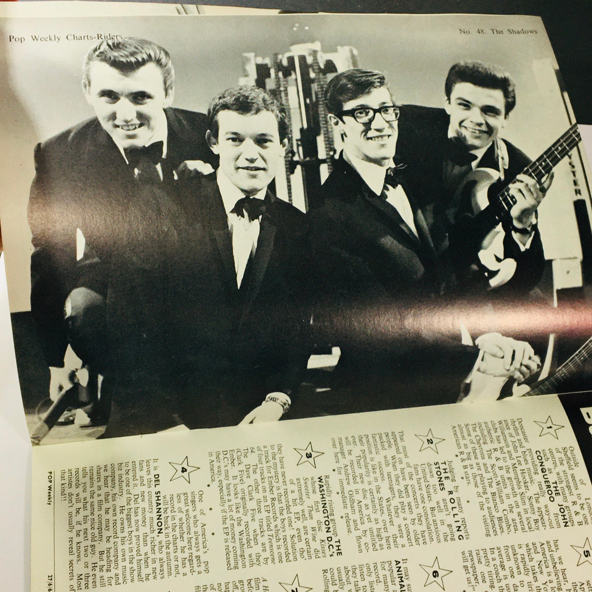 VTG Pop Weekly Magazine June 1964 featuring The Shadows in a black and white photo showcasing the band in stylish suits, capturing the essence of 1960s music culture.