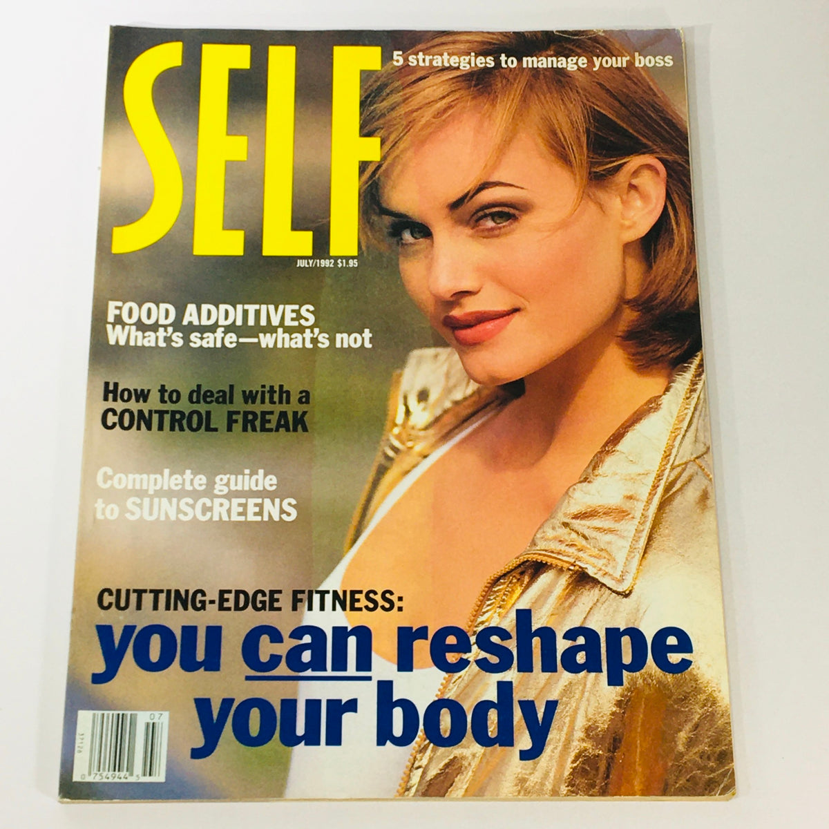 Self Magazine July 1992 cover featuring Amber Valletta, showcasing a complete guide to sunscreens and articles on fitness and food additives.