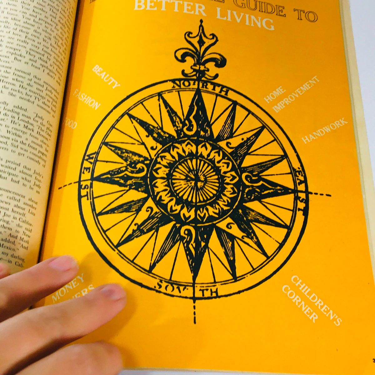 Illustrative page from VTG Lady's Circle The Friendship for Homemakers March 1965 magazine with a compass design titled 'A Guide to Better Living' outlining various lifestyle topics.