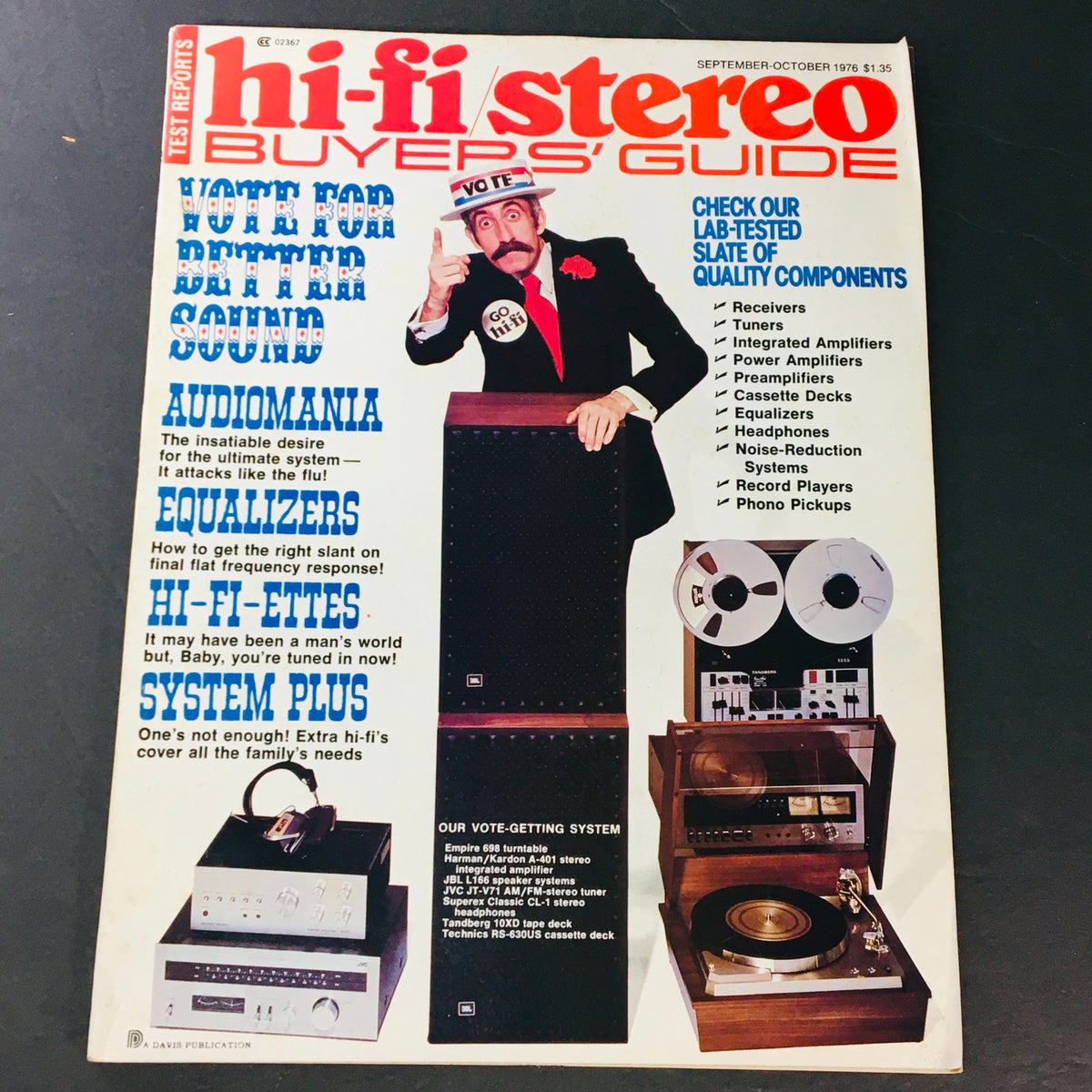 Cover of the VTG Hi-Fi Stereo Buyer's Guide from September-October 1976, featuring the title 'Vote For Better Sound', with a man dressed in a suit and a hat holding a sign, surrounded by high-fidelity audio equipment including speakers and record players.