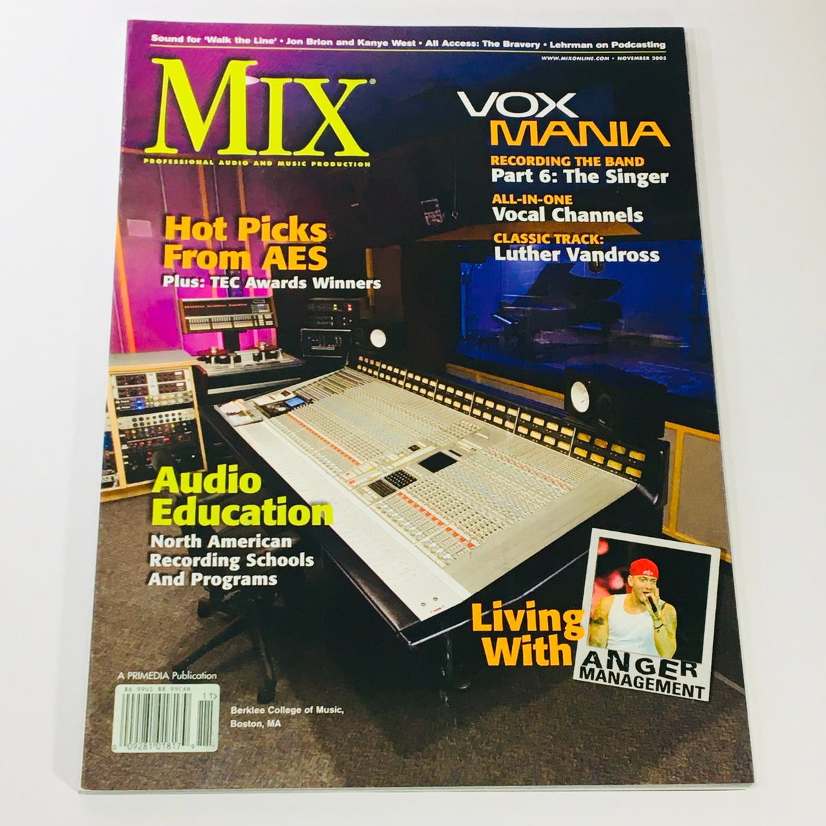 Cover of Mix Music Magazine November 2005 featuring Audio Education, Vox Mania, an image of a recording studio, and a headline about Eminem. This collectible issue is a must-have for vintage magazine enthusiasts.