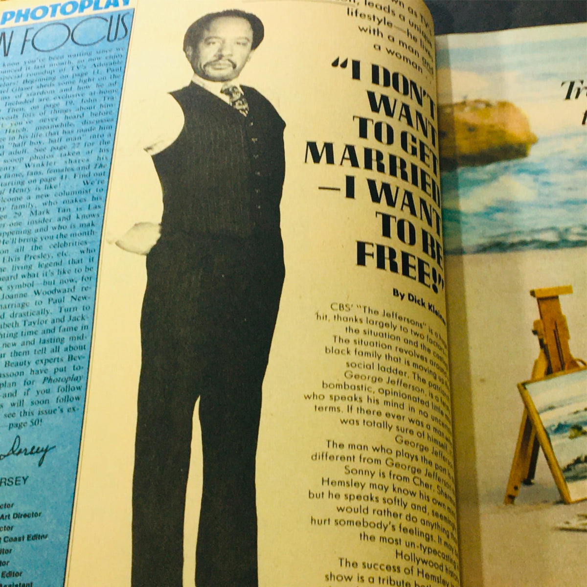 Photoplay Magazine November 1976 featuring an article about George Jefferson from CBS's 'The Jeffersons', showcasing a black man in a stylish outfit, discussing freedom and social commentary in entertainment.