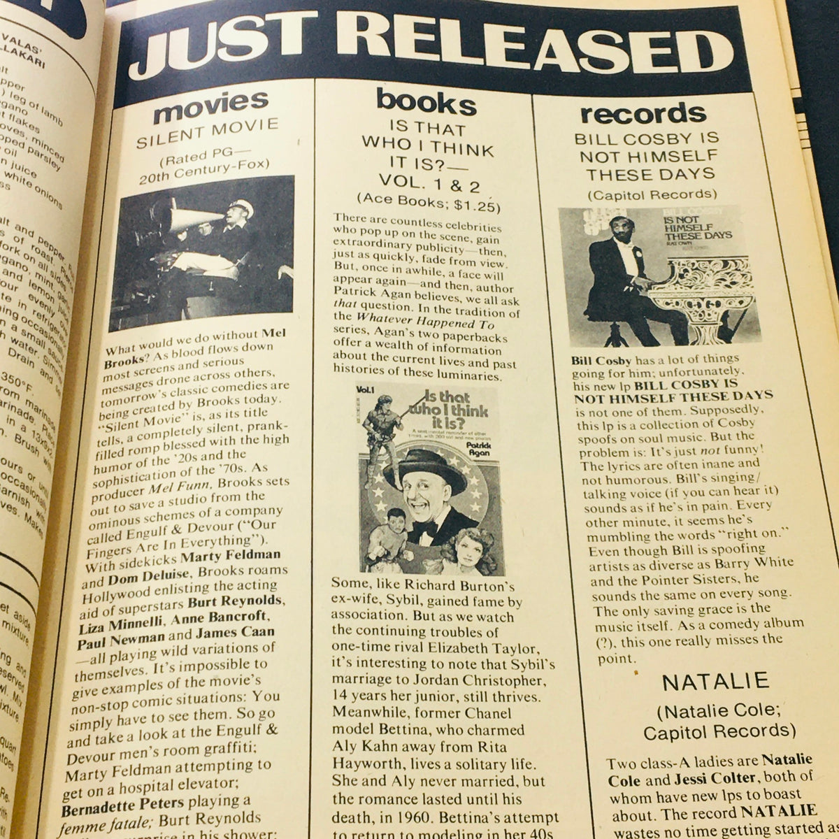 Photoplay Magazine November 1976 article highlighting movies, books, and records including Mel Brooks and Bill Cosby.
