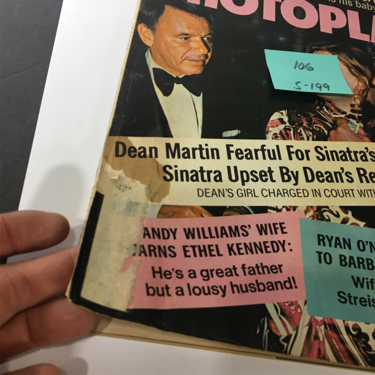 VTG Photoplay Magazine September 1971 cover showcasing Dean Martin and Frank Sinatra in elegant attire. The magazine features headlines about personal stories of these iconic stars, representing classic Hollywood glamor.