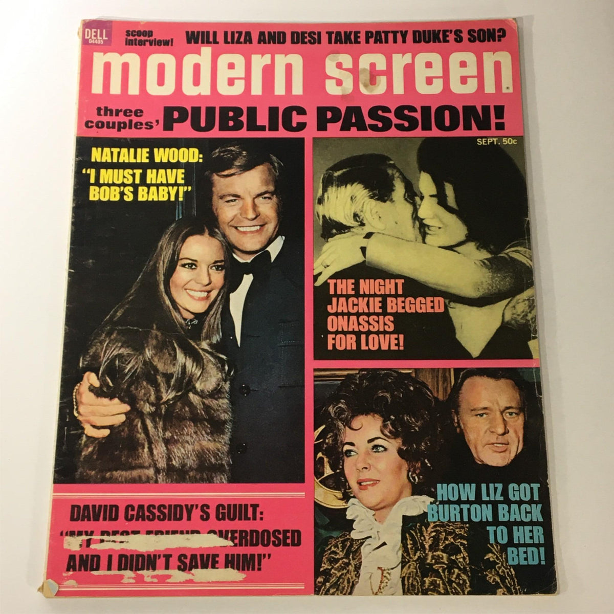 Cover of VTG Modern Screen Magazine September 1972 featuring Natalie Wood, David Cassidy, and Liz Taylor, showcasing vintage Hollywood allure and pop culture nostalgia.