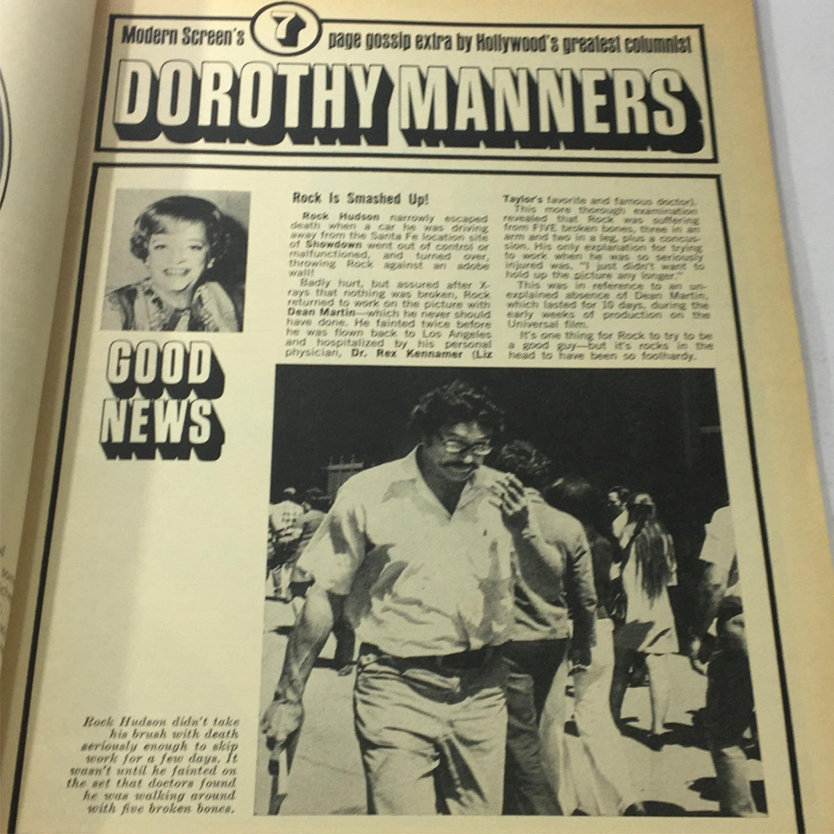 Modern Screen Magazine September 1972 featuring Dorothy Manners column with celebrity gossip including Rock Hudson news.