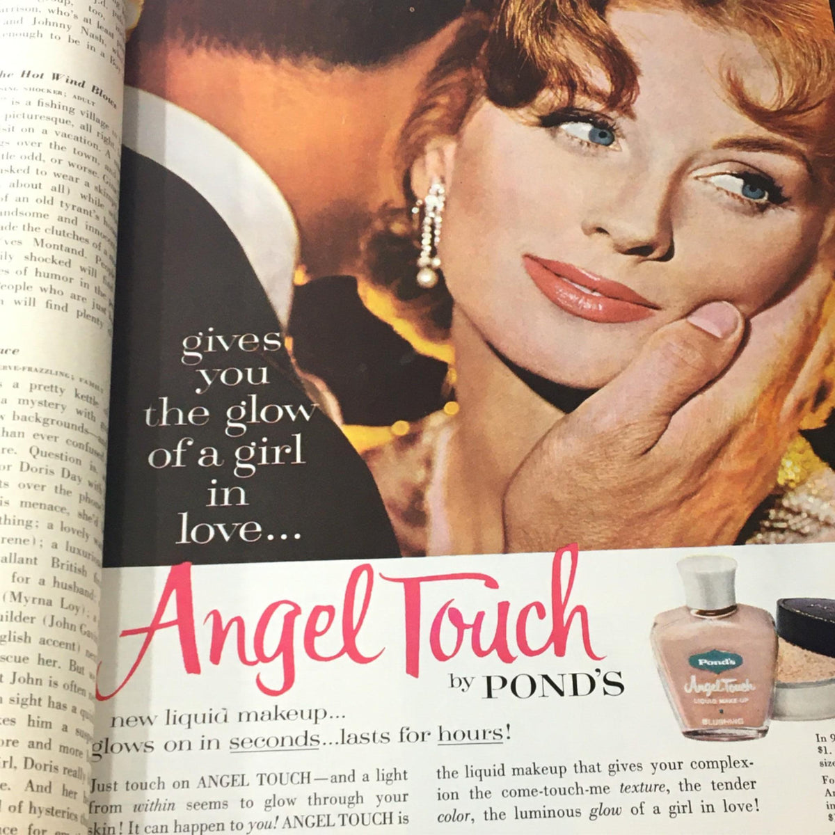 Ad for Pond's Angel Touch liquid makeup in the VTG Photoplay Magazine December 1960, featuring a model with glamorous makeup and elegant jewelry.