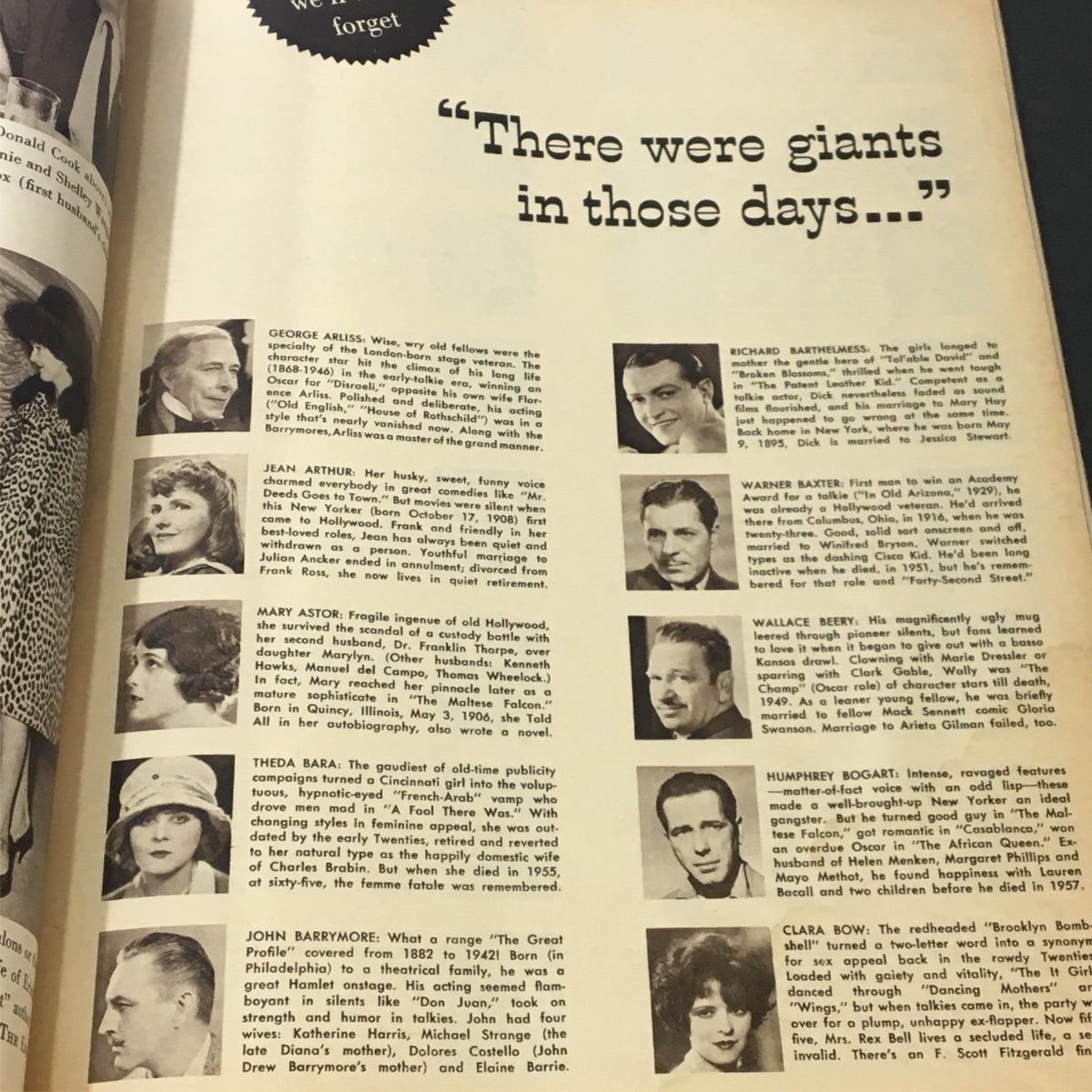 Feature page in the VTG Photoplay Magazine December 1960 with the quote 'There were giants in those days...' highlighting classic Hollywood stars and their contributions.