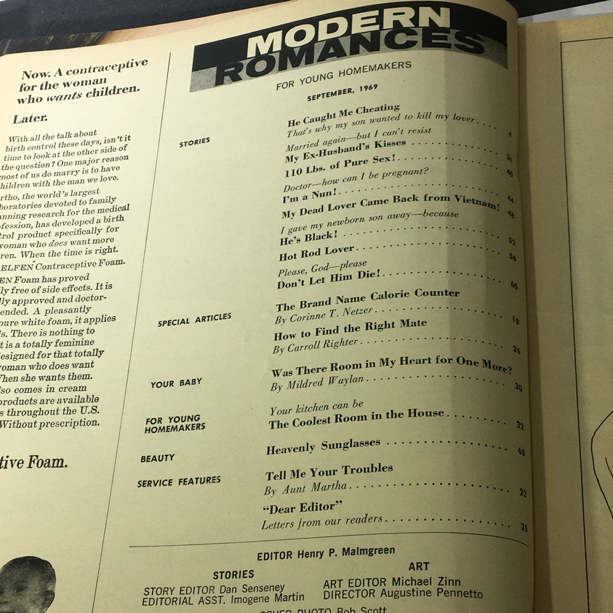 Interior page of 'VTG Modern Romances September 1969' listing various stories and articles, reflecting the unique themes and narratives within vintage romance literature.