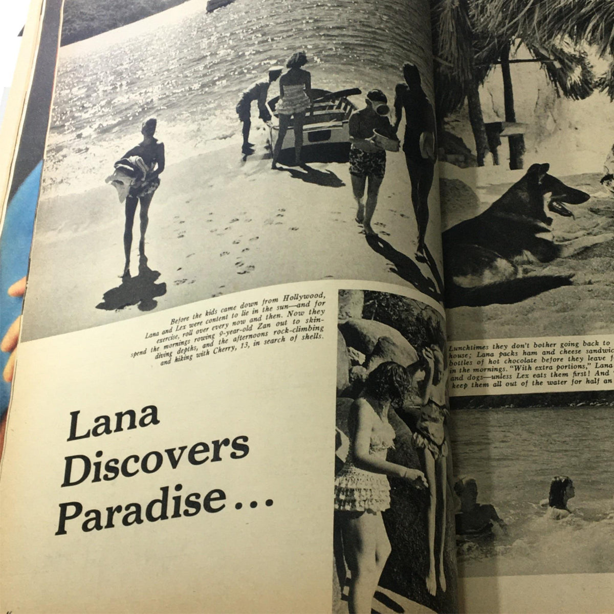 VTG Modern Screen Magazine August 1956 presenting an article titled 'Lana Discovers Paradise' with beach scenes.