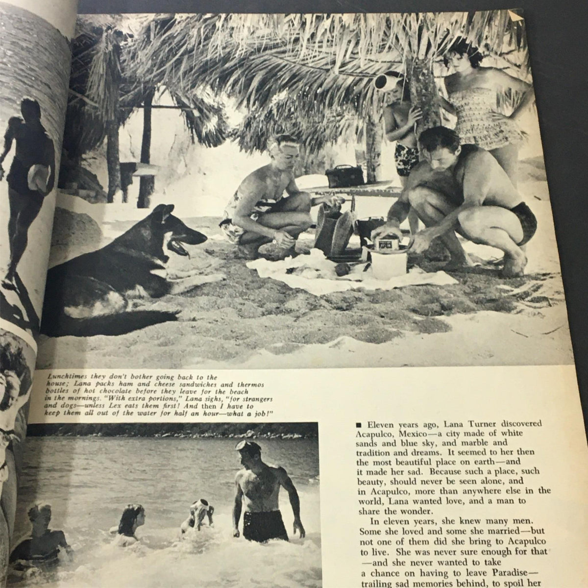 VTG Modern Screen Magazine August 1956 - A vintage photo depicting a beach scene with people enjoying a picnic, coupled with a dog resting nearby.