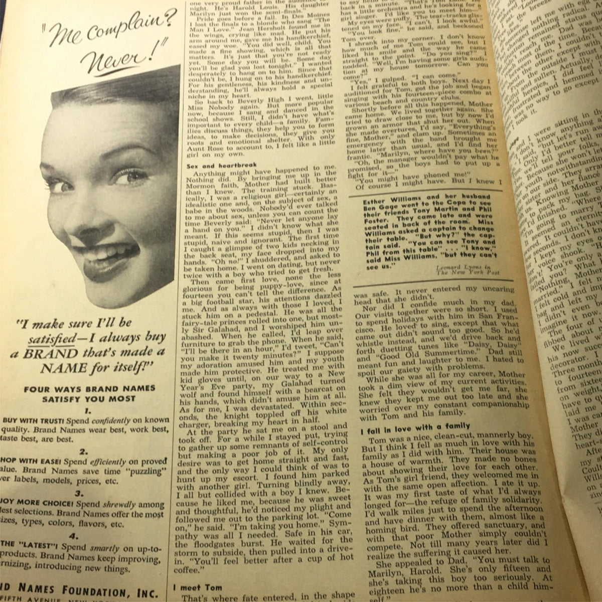 VTG Modern Screen Magazine August 1956 - A close-up of a magazine page showcasing an advertisement featuring a smiling woman and the text, 'Me Complain? Never!'
