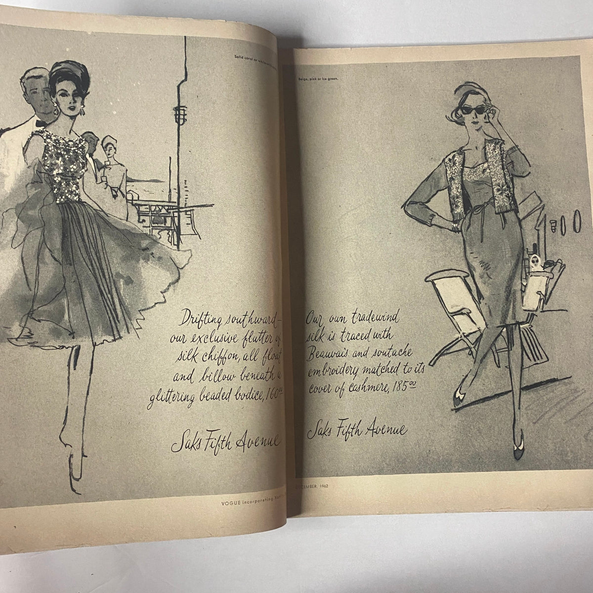 Illustrated fashion advertisements in Vogue Magazine December 1962, featuring stylish designs and elegant eveningwear from Saks Fifth Avenue.