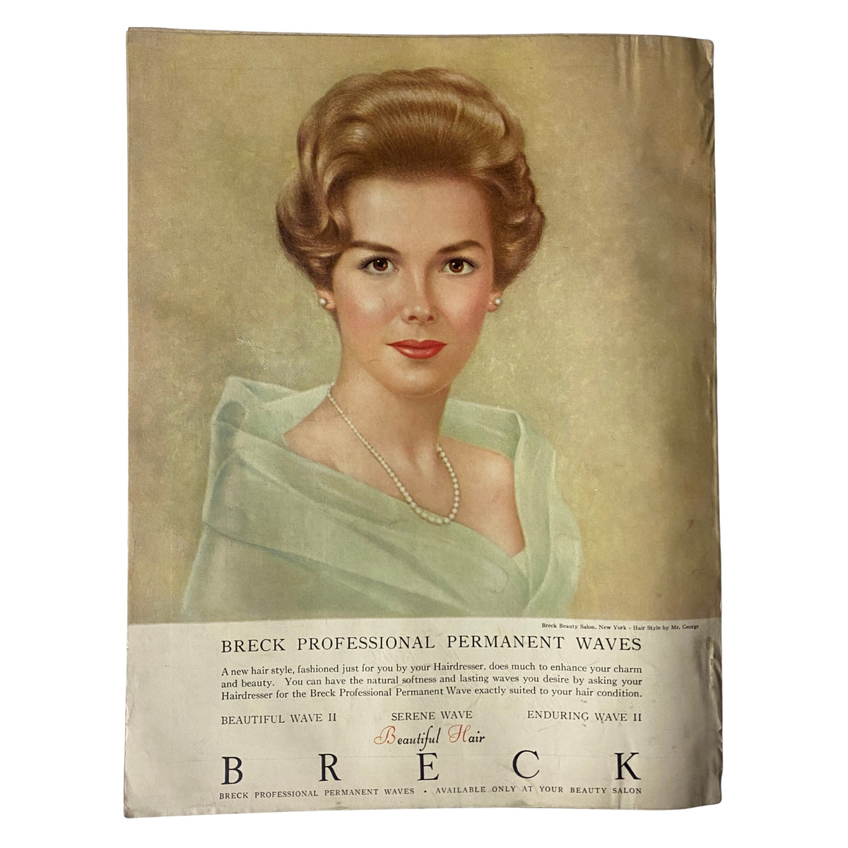 Vintage advertisement featuring a woman with stylish hair for Breck Professional Permanent Waves, included in Vogue Magazine December 1962, emphasizing beauty and fashion trends of the era.