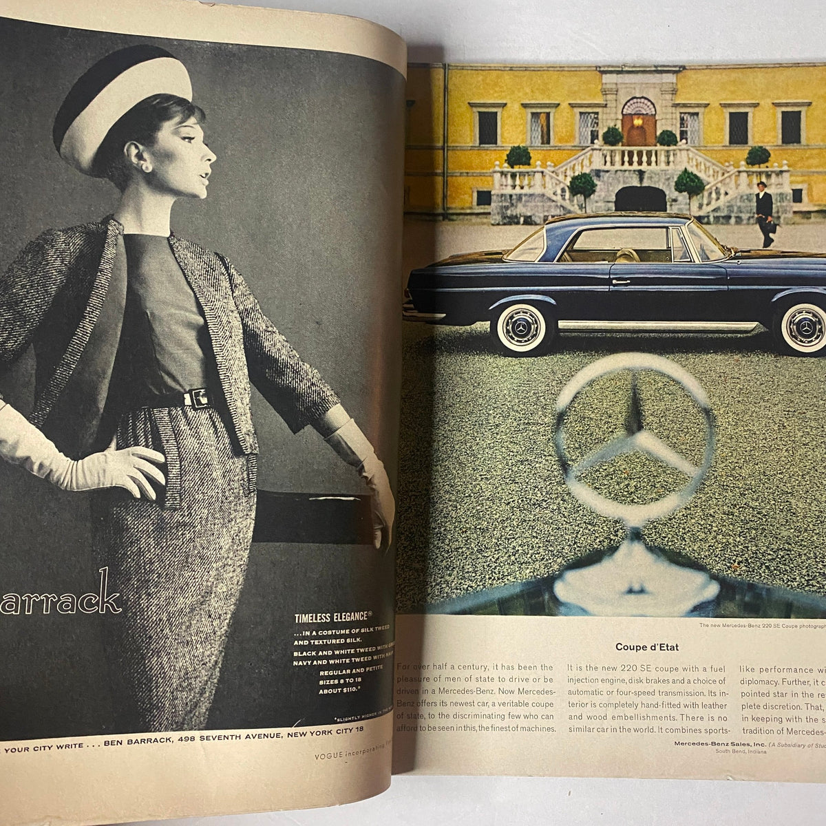 Fashion editorial image within Vogue Magazine February 1, 1962, displaying a classy model in a stylish outfit alongside a vintage car, capturing the essence of early 1960s elegance.
