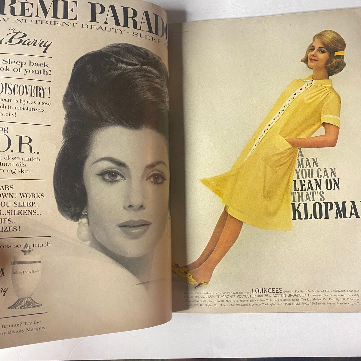 Vogue Magazine February 1, 1962 cover featuring model Wilhelmina Cooper by Karen Radkai, showcasing a beauty advertisement on the left and a fashion look on the right.
