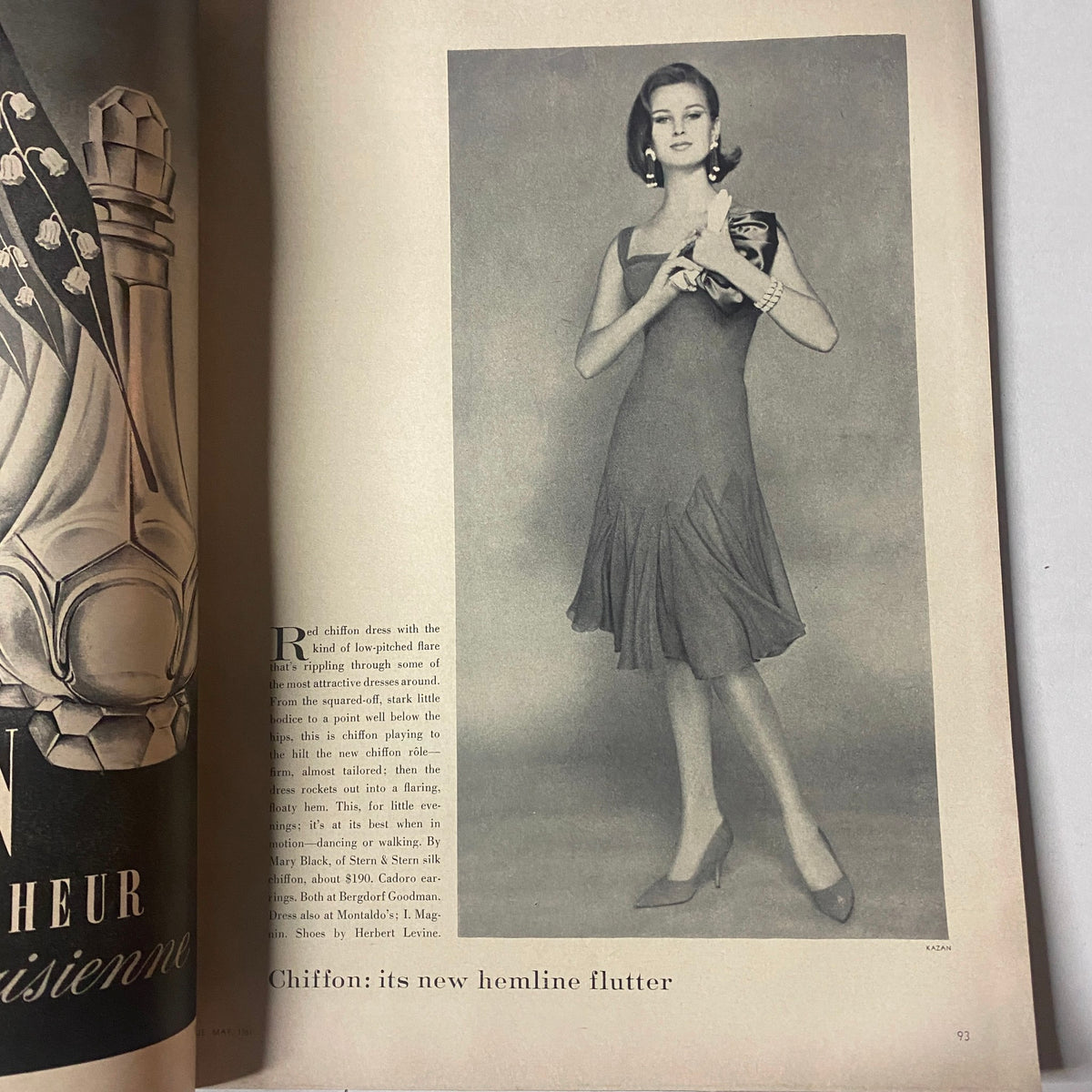 Fashion editorial from Vogue Magazine May 1961, displaying a model in a chic design with elegant accessories, illustrating trends of the era.