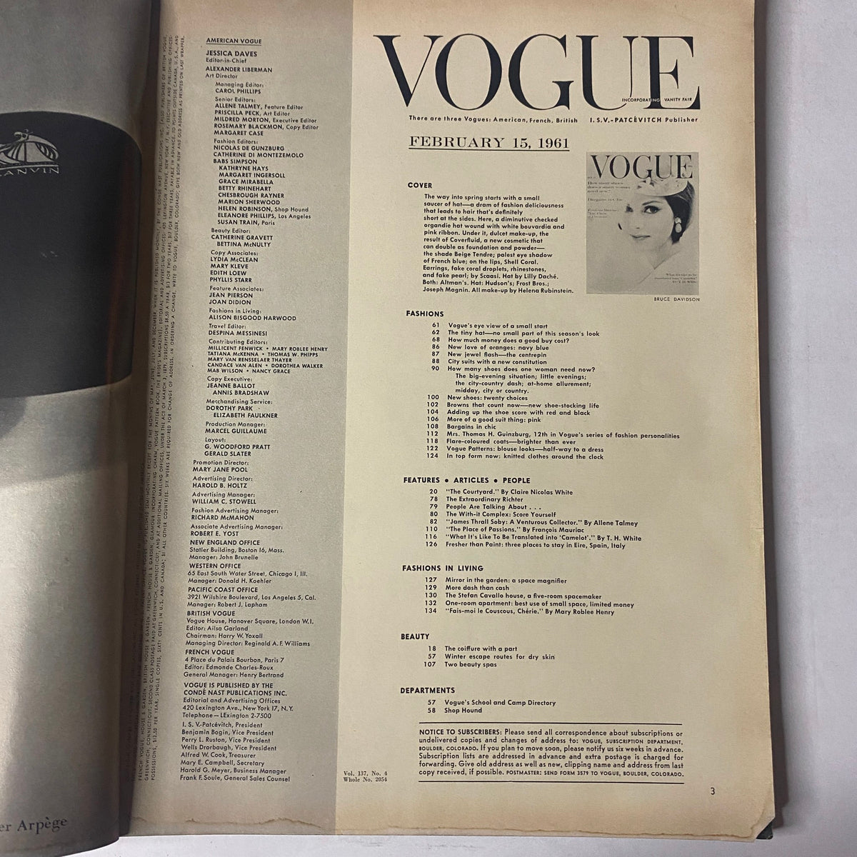 Table of contents page from Vogue Magazine February 15, 1961 detailing articles on fashion, beauty, and the literary contributions of notable writers including T. H. White.