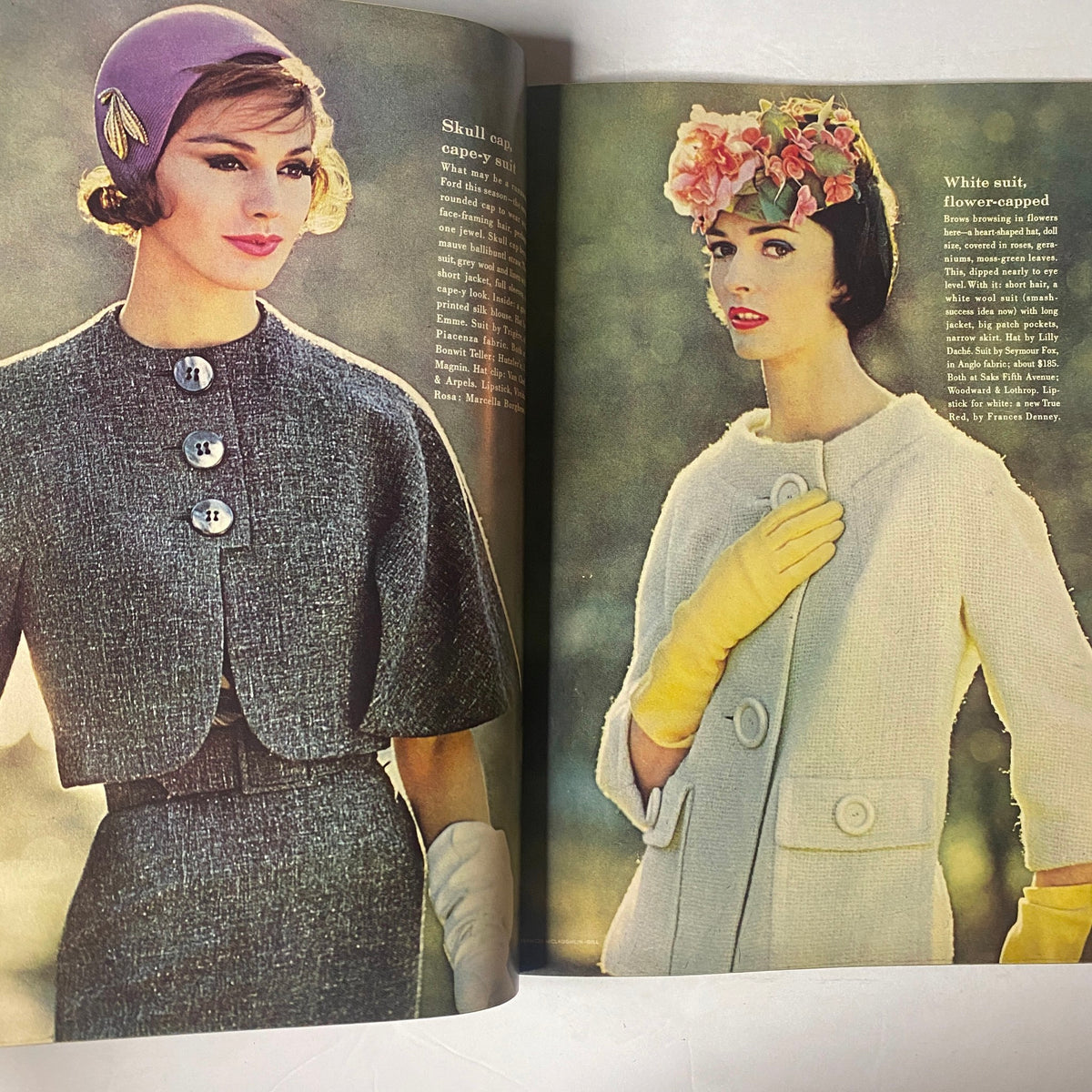 Vogue Magazine February 15, 1961 featuring models in stylish winter outfits, showcasing early 1960s fashion trends, photographed by Bruce Davidson.