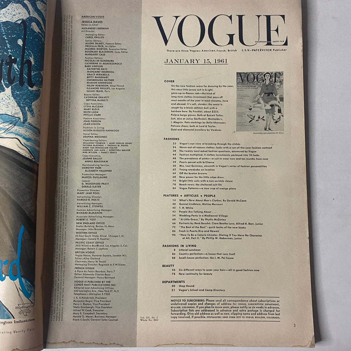 Table of contents page from Vogue Magazine January 15, 1961 detailing featured articles, styles, and departments, showcasing fashion and lifestyle elements.