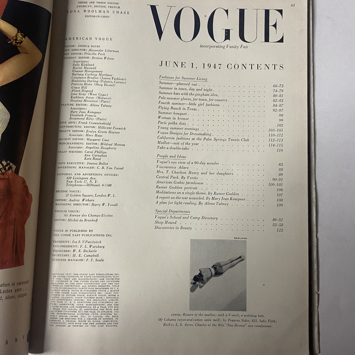 Inside page of Vogue Magazine June 1, 1947 detailing the table of contents, featuring summer living themes and fashionable articles, emphasizing the magazine's cultural significance post-World War II.