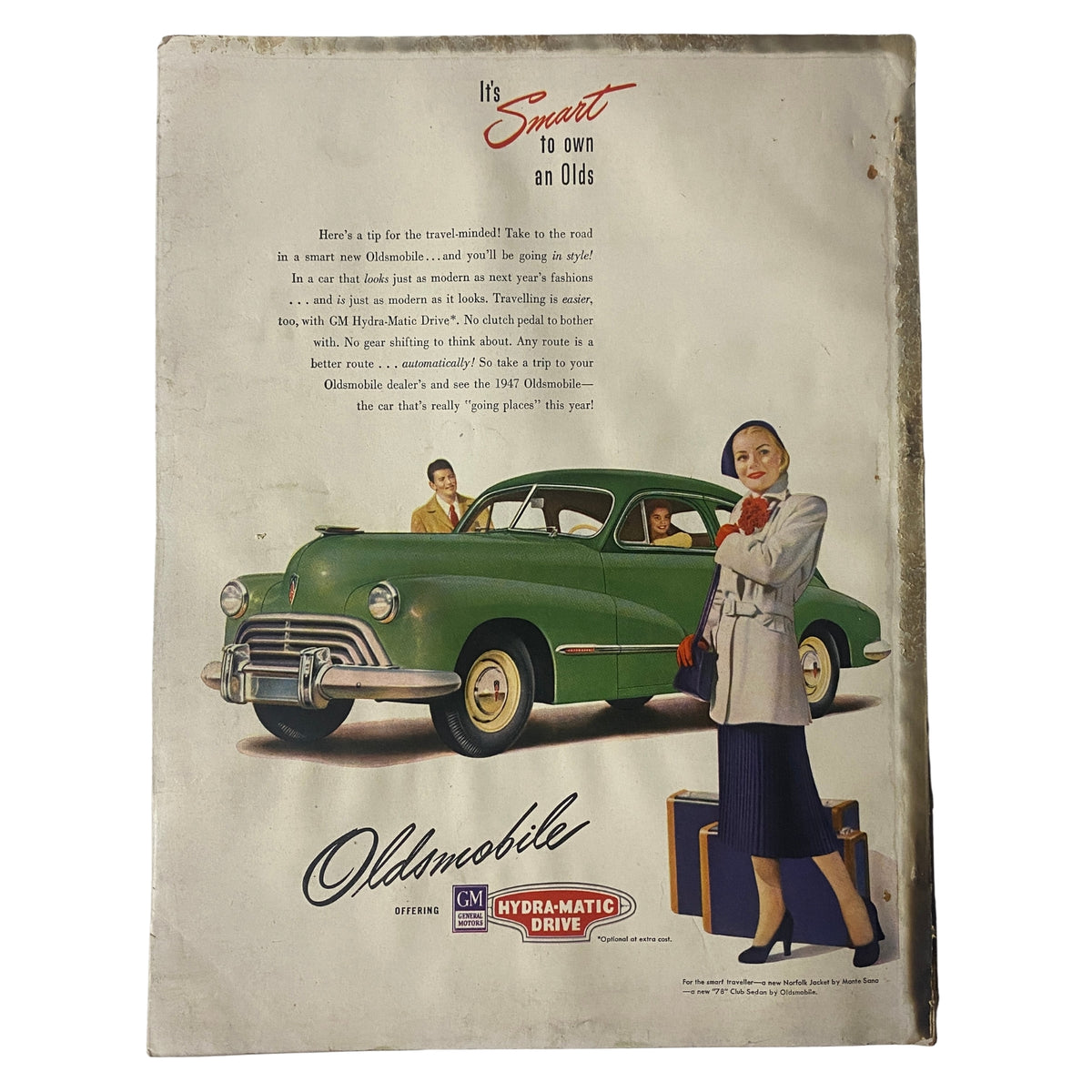 Advertisement for Oldsmobile featuring vintage design, presented on the back cover of Vogue Magazine June 1, 1947 by John Rawlings.