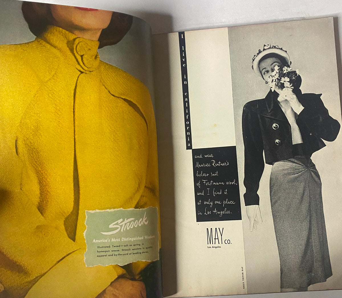 Fashion advertisement in Vogue Magazine March 15, 1947 featuring a striking yellow outfit by Strenesse and stylish woman in black from May Co, emphasizing vintage elegance.