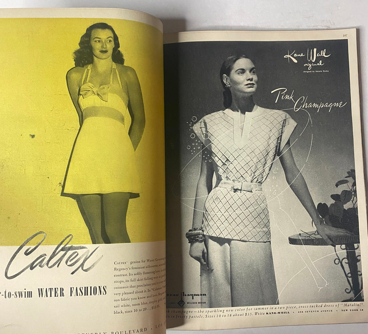 Caltex swimsuit advertisement in Vogue Magazine March 15, 1947, displaying women's water fashion styles, celebrating summer trends in vintage fashion.