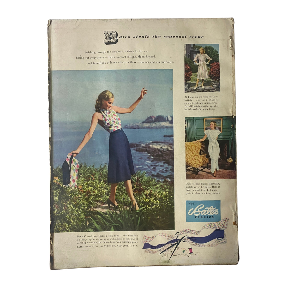 Back cover of Vogue Magazine March 15, 1947 featuring a fashion scene, demonstrating design elements and advertisements from the mid-20th century.
