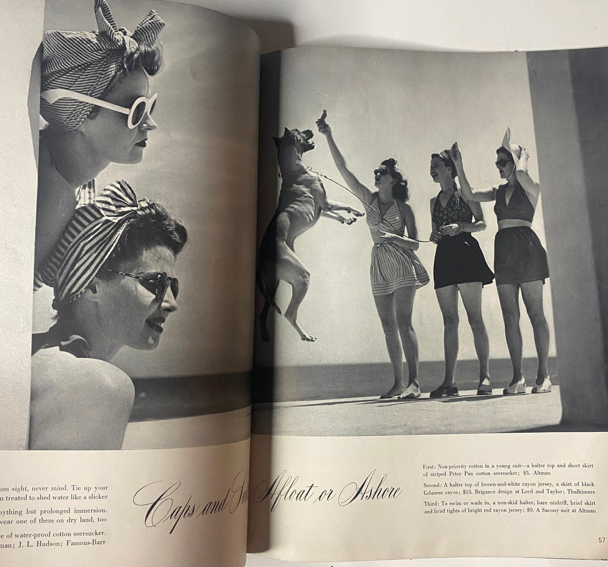 Editorial spread from Vogue Magazine May 15, 1942 featuring women in fashionable swimwear, showcasing summer styles during World War II.