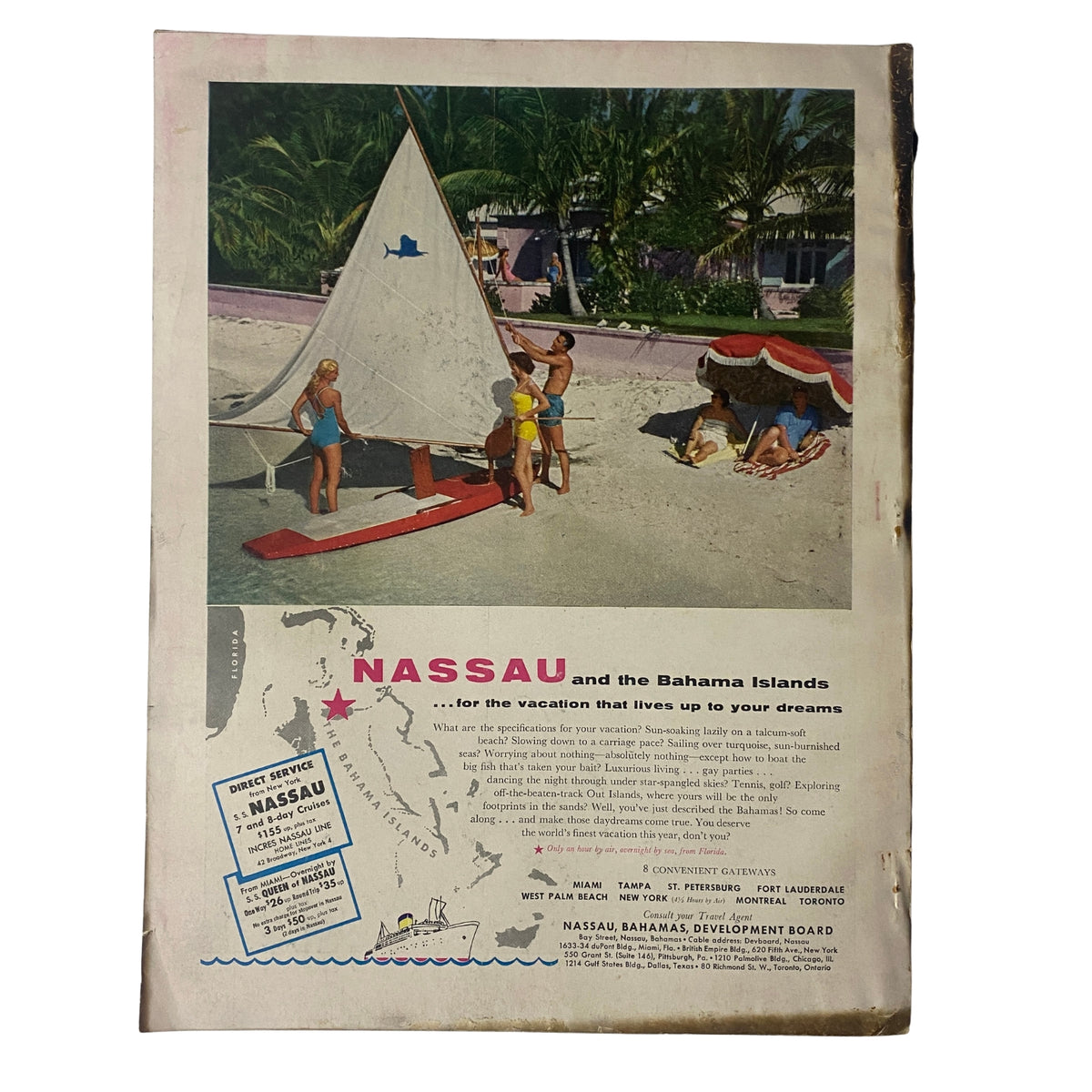 Advertisement page from Vogue Magazine November 15, 1955 showcasing Nassau and the Bahama Islands, emphasizing vacation destinations in the mid-century issue.