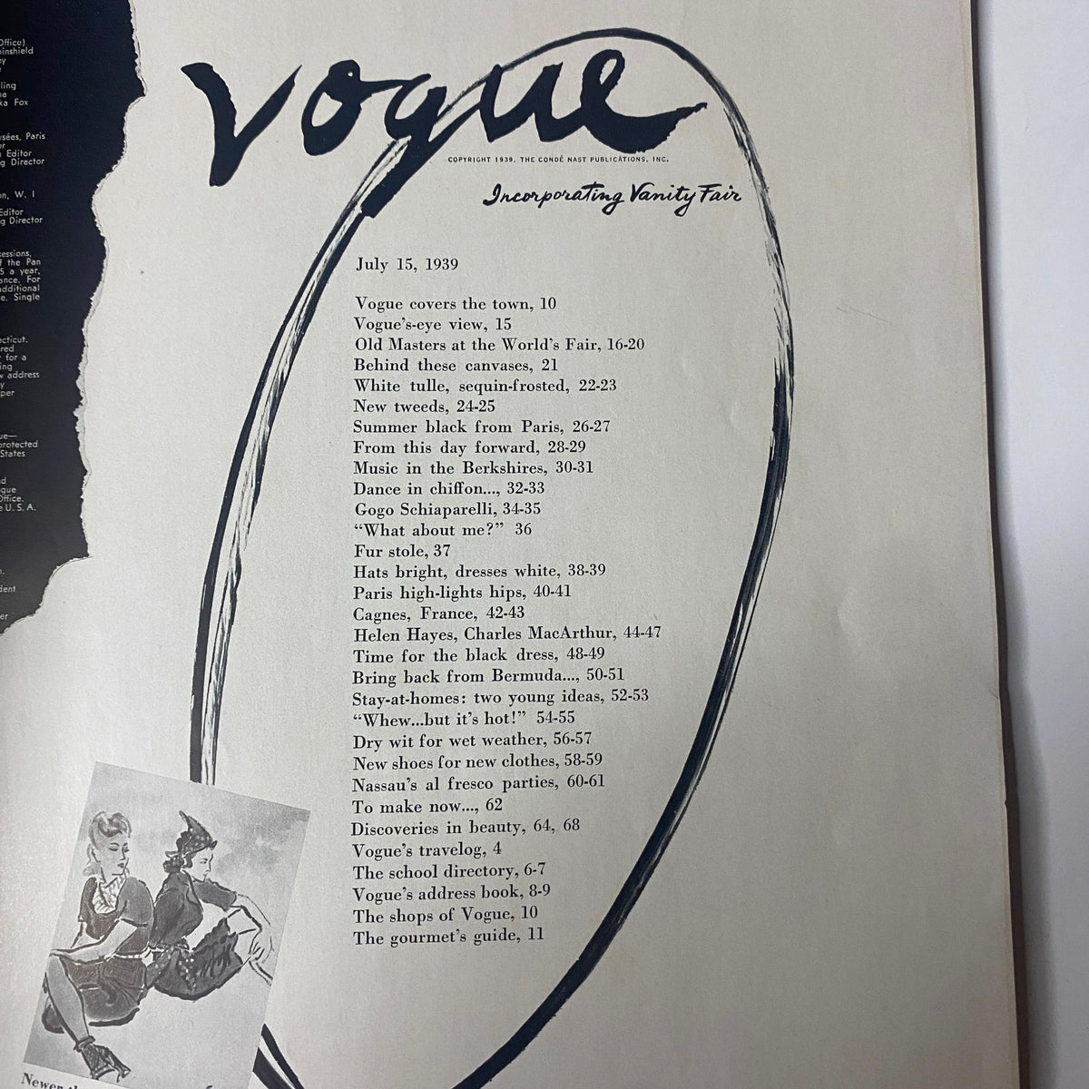 Contents page of Vogue Magazine, July 15, 1939, listing articles including 'Vogue over the town' and features like 'Old Masters at the World's Fair.' Presented in a stylish format, reflecting the sophistication of the era.