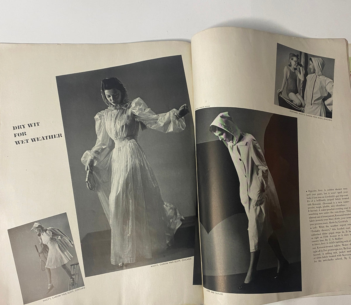 Article spread titled 'Dirty Wit for Wet Weather' from Vogue Magazine July 15, 1939. Features photographs of fashionable rainwear and elegant attire, showcasing the intersection of style and practicality in vintage fashion.