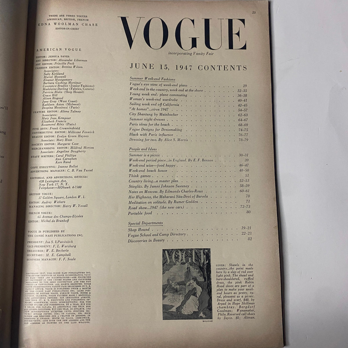 Inside page of Vogue Magazine June 15, 1947 featuring the table of contents, showcasing the issue's elegant layout and structure during the postwar era.