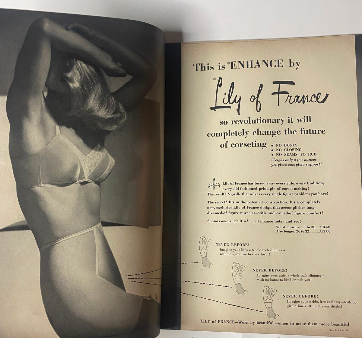 Advertisement page in Vogue Magazine June 15, 1947 for 'ENHANCE' by Lily of France, detailing revolutionary changes in women's undergarments with a focus on comfort and style.