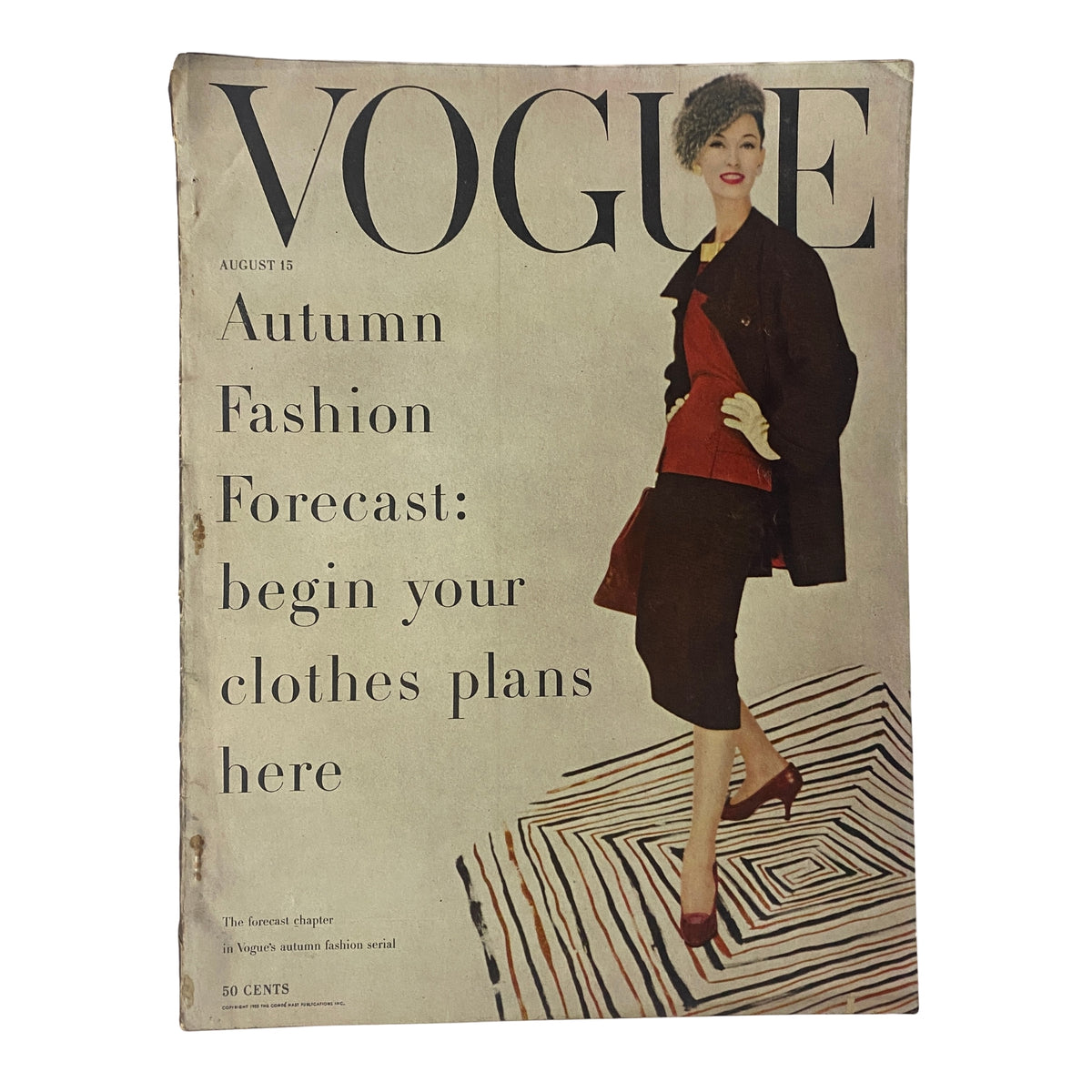 Cover of Vogue Magazine August 15, 1955 featuring Barbara Mullen, showcasing autumn fashion with a style forecast, by photographer Clifford Coffin, highlighting a chic outfit against a striped background.